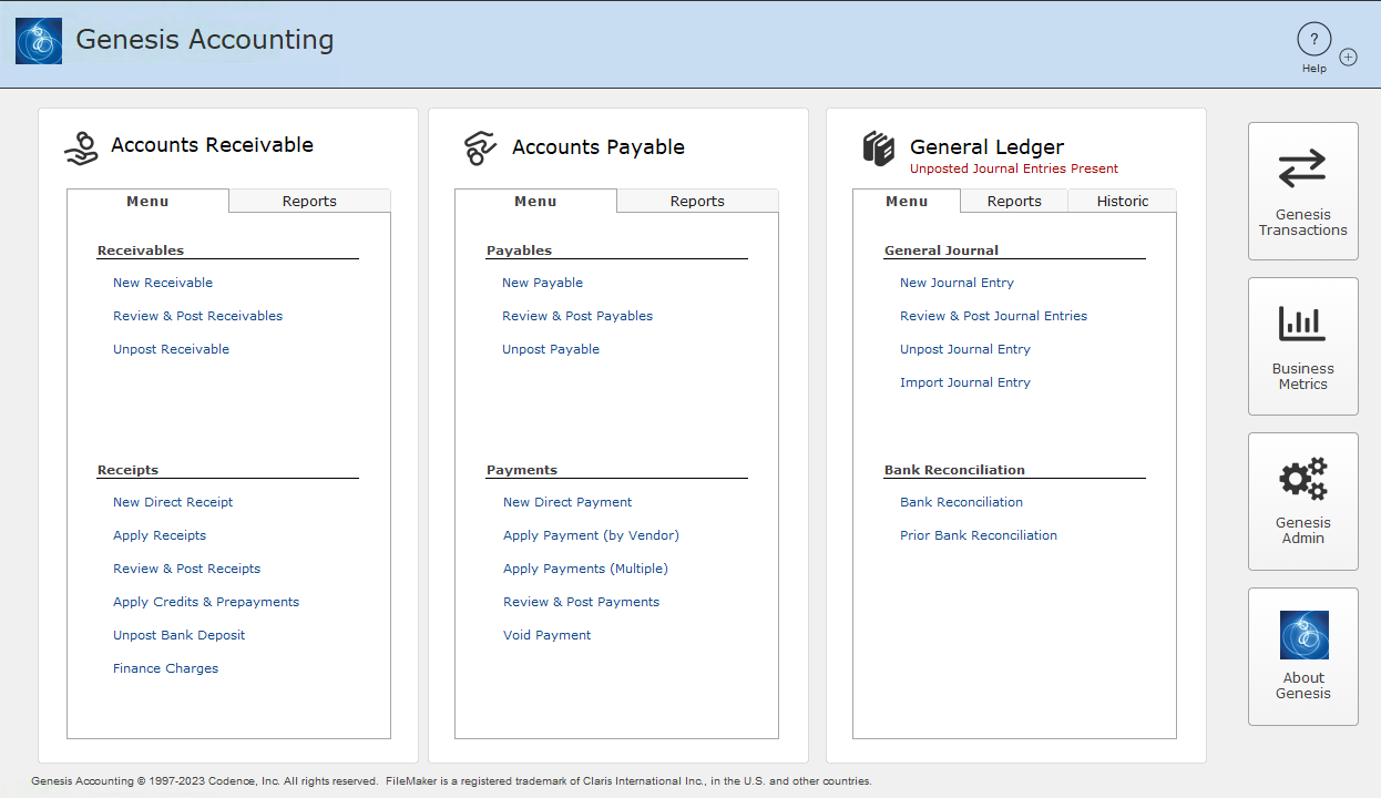 Genesis Accounting Menu