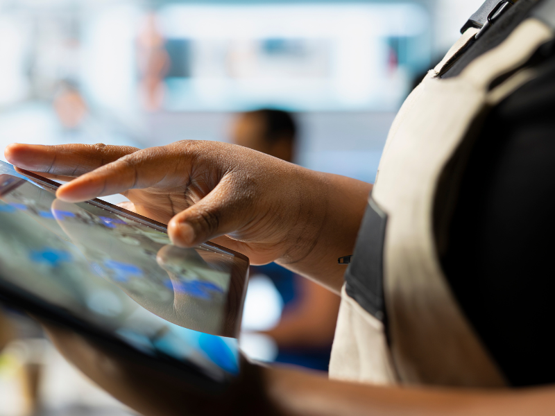 A close-up of a person using a tablet in an industrial or technical environment, likely performing monitoring or inspection tasks.