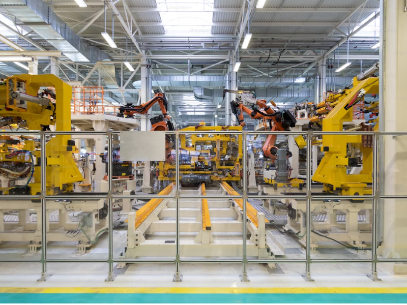 The image depicts the interior of a high-tech, automated manufacturing facility, likely part of a robotic assembly line in the automotive or industrial sector.